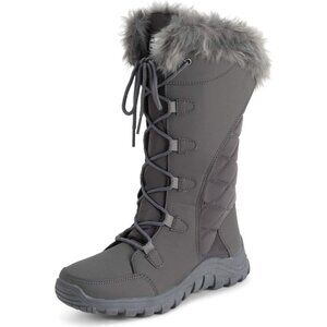 Womens Grey Quilted Faux Fur Cuff Winter Duck Boots with Rubber Sole